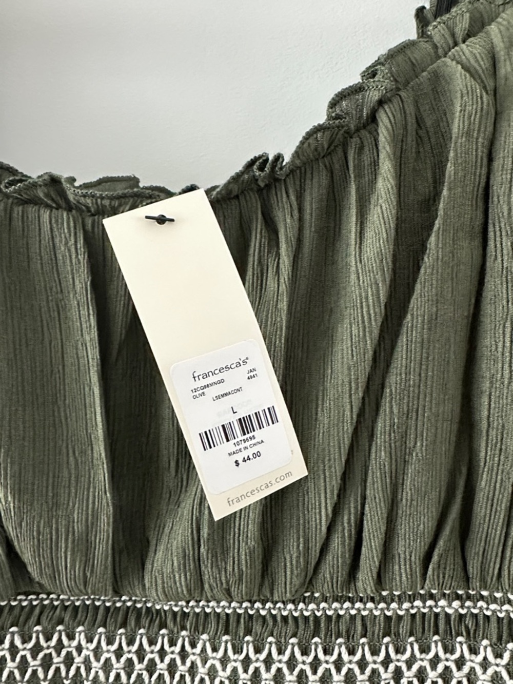 Francesca's Collections Olive Peasant Blouse with Smocked Waist - Picture 2 of 10